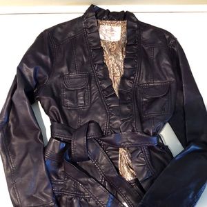 Cropped, front tie “leather-like” jacket